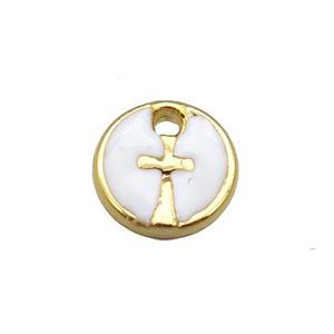copper cross pendant with white enamel, circle, gold plated, approx 10mm dia [FN25664]