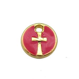 copper cross pendant with red enamel, circle, gold plated, approx 10mm dia [FN25666]