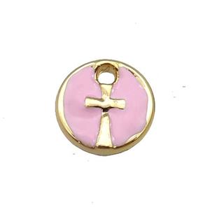 copper cross pendant with pink enamel, circle, gold plated, approx 10mm dia [FN25668]