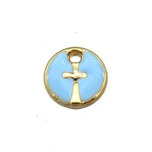 copper cross pendant with lt.blue enamel, circle, gold plated, approx 10mm dia [FN25669]