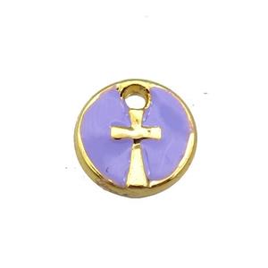 copper cross pendant with lavender enamel, circle, gold plated, approx 10mm dia [FN25670]