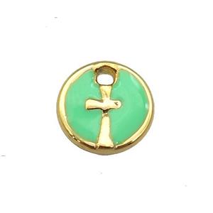 copper cross pendant with green enamel, circle, gold plated, approx 10mm dia [FN25671]