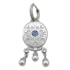 copper Hoop Earring paved zircon, moon, platinum plated, approx 19-35mm, 14mm dia [FN25683]