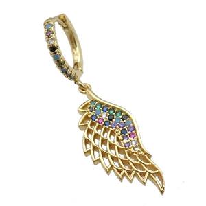 copper Hoop Earring paved zircon, angel wing, gold plated, approx 11-25mm, 14mm dia [FN25685]