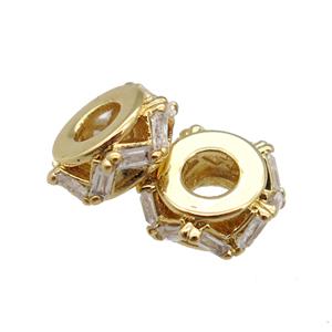 copper rondelle beads paved zircon, gold plated, approx 8mm [FN25695]