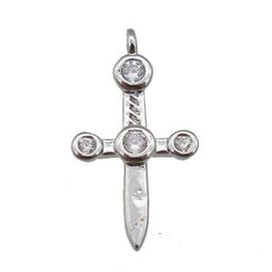 copper sword pendant paved zircon, platinum plated, approx 10-16mm [FN25702]