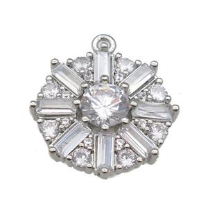 copper flower pendant paved zircon, baguette, platinum plated, approx 18mm [FN25728]