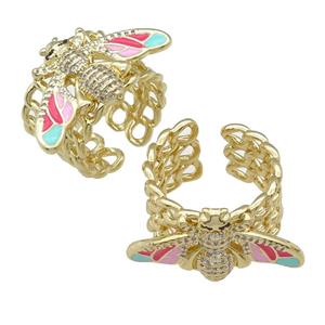 copper Ring paved zircon with enamel honeybee, gold plated, approx 15-28mm, 18mm dia [FN25737]