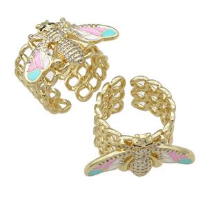copper Ring paved zircon with enamel honeybee, gold plated, approx 15-28mm, 18mm dia [FN25738]