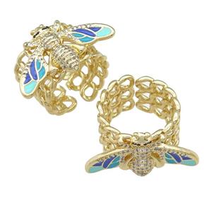 copper Ring paved zircon with enamel honeybee, gold plated, approx 15-28mm, 18mm dia [FN25739]