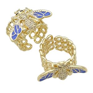 copper Ring paved zircon with blue enamel honeybee, gold plated, approx 15-28mm, 18mm dia [FN25740]