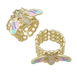 copper Ring paved zircon with enamel honeybee, gold plated, approx 15-28mm, 18mm dia [FN25741]