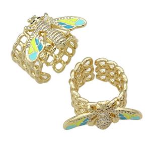 copper Ring paved zircon with enamel honeybee, gold plated, approx 15-28mm, 18mm dia [FN25742]