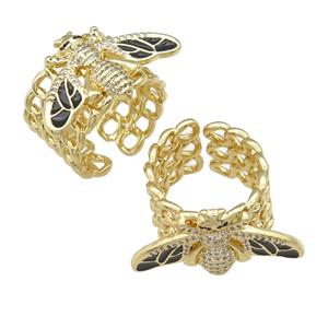 copper Ring paved zircon with black enamel honeybee, gold plated, approx 15-28mm, 18mm dia [FN25745]