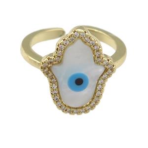 copper Ring paved zircon with hand, evil eye, gold plated, approx 14-17mm, 17mm dia [FN25755]