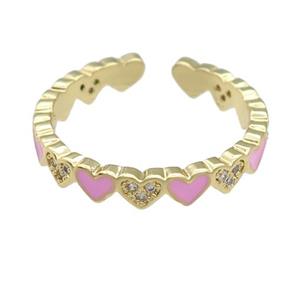 copper Ring paved zircon with pink enamel heart, gold plated, approx 3-4mm, 17mm dia [FN25756]