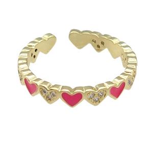 copper Ring paved zircon with red enamel heart, gold plated, approx 3-4mm, 17mm dia [FN25757]