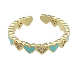 copper Ring paved zircon with green enamel heart, gold plated, approx 3-4mm, 17mm dia [FN25758]