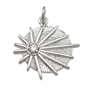 copper circle sunburst pendant paved zircon, platinum plated, approx 17mm [FN25771]