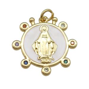 copper Virgin Mary pendant with white enamel, gold plated, approx 15mm dia [FN25784]