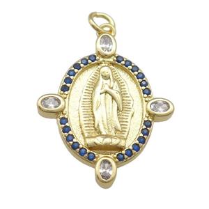 copper Virgin Mary pendant paved blue zircon, gold plated, approx 14-18mm [FN25786]