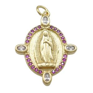 copper Virgin Mary pendant paved hotpink zircon, gold plated, approx 14-18mm [FN25787]