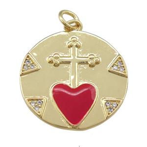 copper circle pendant with cross, red enamel heart, gold plated, approx 20mm dia [FN25791]