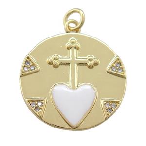 copper circle pendant with cross, white enamel heart, gold plated, approx 20mm dia [FN25792]