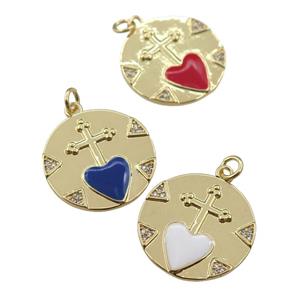 copper circle pendant with cross, enamel heart, gold plated, mixed, approx 20mm dia [FN25793]