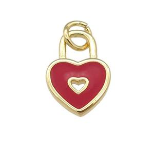 copper Heart Lock pendant with red enamel, gold plated, approx 9-13mm [FN25809]