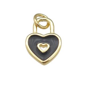 copper Heart Lock pendant with black enamel, gold plated, approx 9-13mm [FN25811]