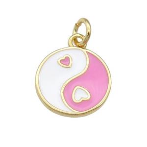 copper Taichi pendant, yinyang, pink enamel, gold plated, approx 12mm dia [FN25814]