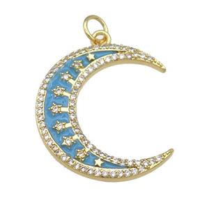 copper crescent Moon pendant paved zircon with teal enamel, gold plated, approx 6-23mm [FN25842]