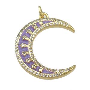 copper crescent Moon pendant paved zircon with lavender enamel, gold plated, approx 6-23mm [FN25843]