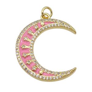 copper crescent Moon pendant paved zircon with pink enamel, gold plated, approx 6-23mm [FN25844]