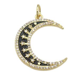 copper crescent Moon pendant paved zircon with black enamel, gold plated, approx 6-23mm [FN25845]