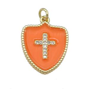 copper Shield Cross pendant paved zircon with orange enamel, gold plated, approx 15-18mm [FN25853]