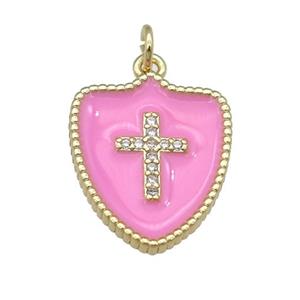 copper Shield Cross pendant paved zircon with orange enamel, gold plated, approx 15-18mm [FN25854]