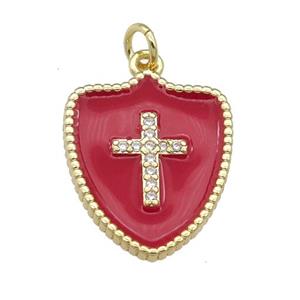 copper Shield Cross pendant paved zircon with red enamel, gold plated, approx 15-18mm [FN25855]