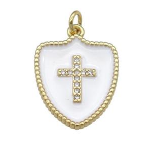 copper Shield Cross pendant paved zircon with white enamel, gold plated, approx 15-18mm [FN25856]