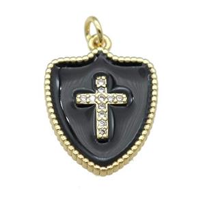 copper Shield Cross pendant paved zircon with black enamel, gold plated, approx 15-18mm [FN25857]