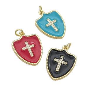 copper Shield Cross pendant paved zircon with enamel, gold plated, mixed, approx 15-18mm [FN25858]