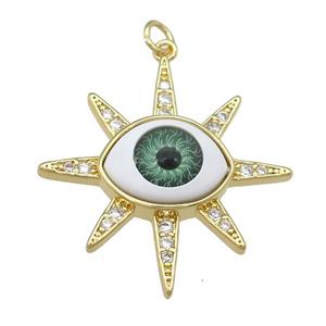 copper pendant paved zircon with green Evil Eye, gold plated, approx 30mm [FN25921]
