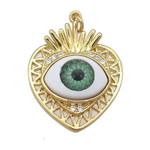 copper heart pendant paved zircon with green Evil Eye, gold plated, approx 22-25mm [FN25925]