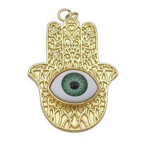 copper hamsahand pendant with green Evil Eye, gold plated, approx 28-38mm [FN25929]