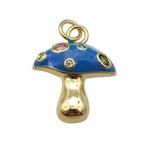 copper mushroom pendant paved zircon with blue enamel, gold plated, approx 17mm [FN25989]