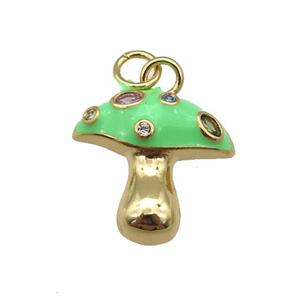copper mushroom pendant paved zircon with green enamel, gold plated, approx 17mm [FN25990]