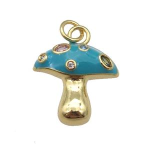 copper mushroom pendant paved zircon with teal enamel, gold plated, approx 17mm [FN25991]
