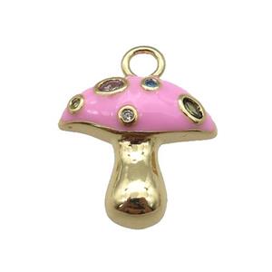 copper mushroom pendant paved zircon with pink enamel, gold plated, approx 17mm [FN25993]