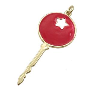 copper Key pendant with red enamel, gold plated, approx 18-40mm [FN26018]